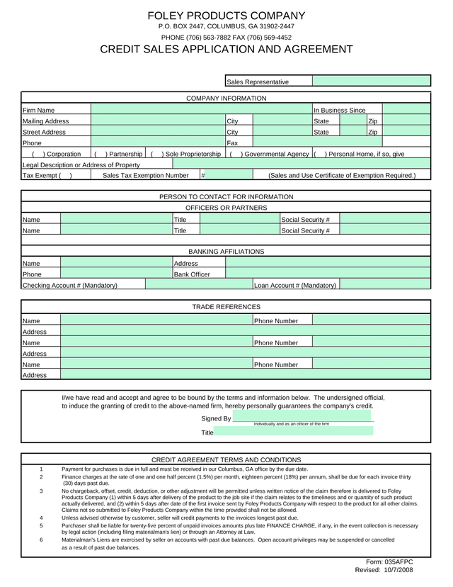 Credit Sales Application And Agreement screenshot