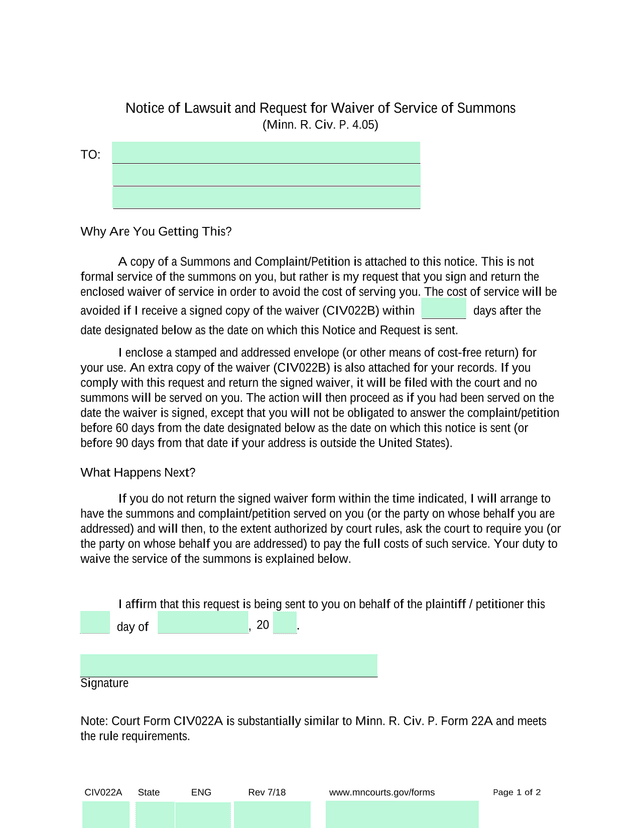 Notice Of Lawsuit And Request For Waiver Of Service Of Summons screenshot