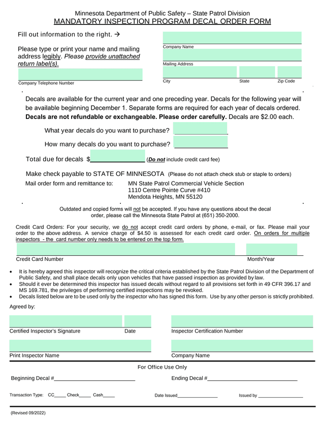 Mandatory Inspection Program Decal Order Form screenshot