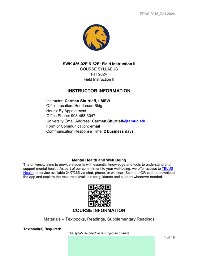 SWK 426 02E  82E Field Instruction II Course Syllabus screenshot
