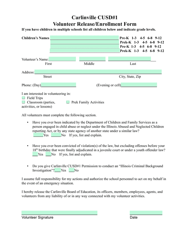 Carlinville CUSD1 Volunteer ReleaseEnrollment Form screenshot