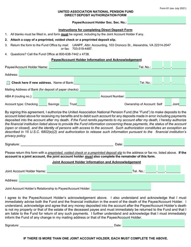 Form 61 (Rev July 2021) UNITED ASSOCIATION NATIONAL PENSION FUND DIRECT DEPOSIT AUTHORIZATION FORM screenshot