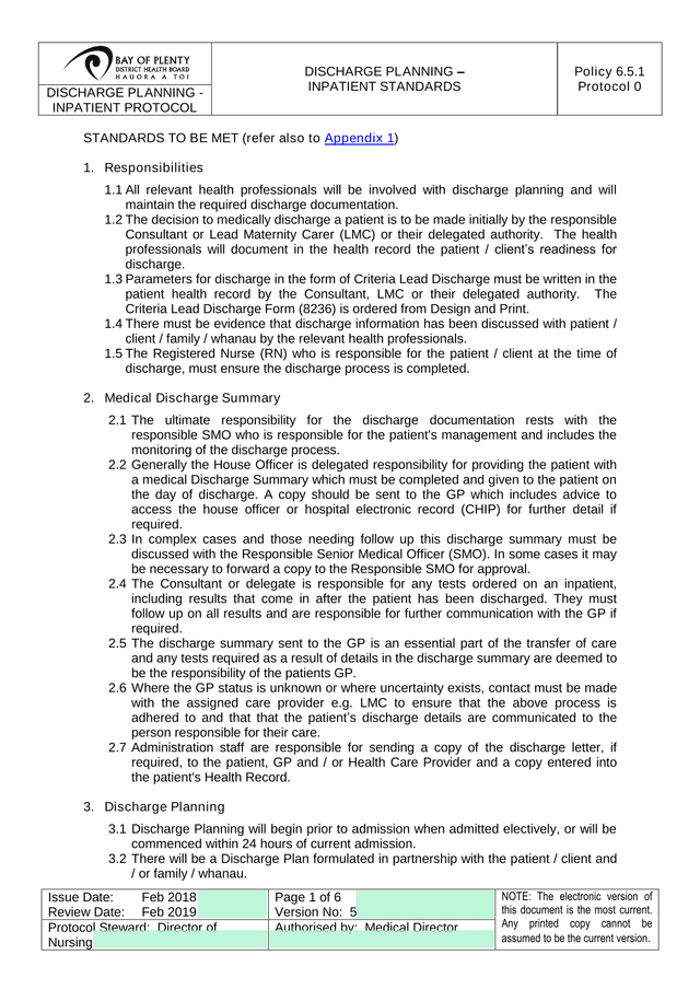 DISCHARGE PLANNING   INPATIENT STANDARDS screenshot