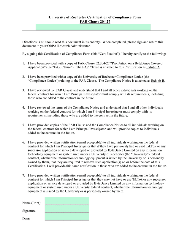 University Of Rochester Certification Of Compliance Form screenshot