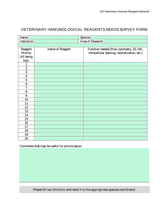 Veterinary Immunological Reagents Needs Survey Form screenshot