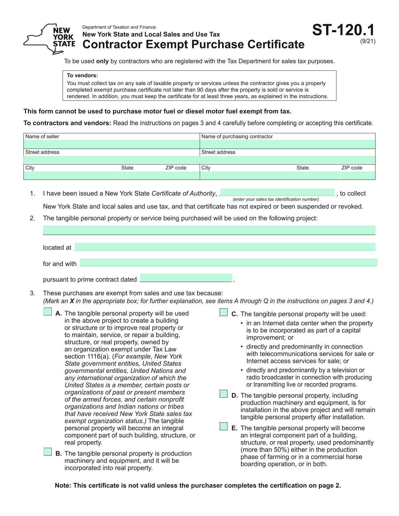 Contractor Exempt Purchase Certificate screenshot