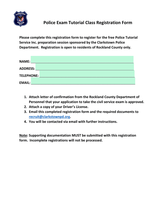 Police Exam Tutorial Class Registration Form screenshot