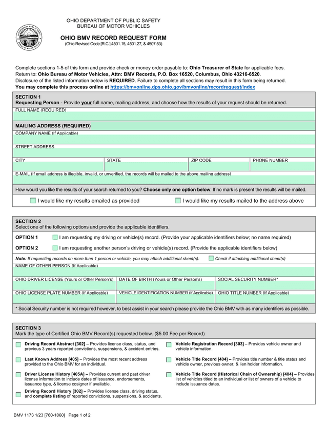 Ohio BMV Record Request Form screenshot