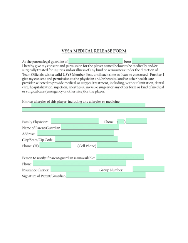 VYSA Medical Release Form screenshot