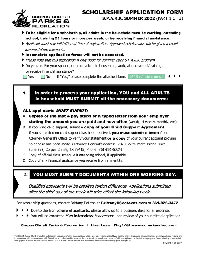 S.P.A.R.K. SUMMER 2022 SCHOLARSHIP APPLICATION FORM (PART 1 OF 3) screenshot