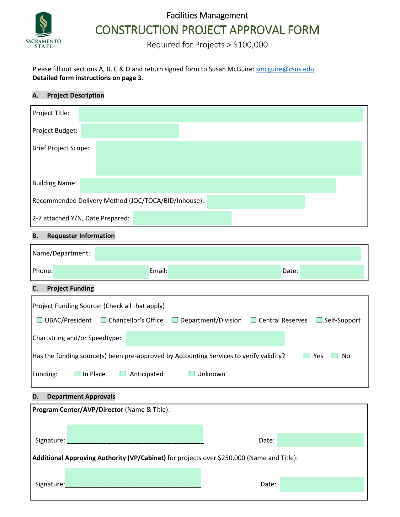 Construction Project Approval Form screenshot