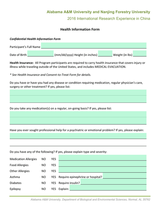 Health Information Form screenshot
