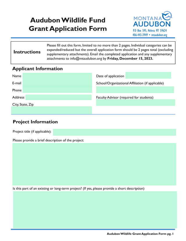Audubon Wildlife Fund Grant Application Form screenshot