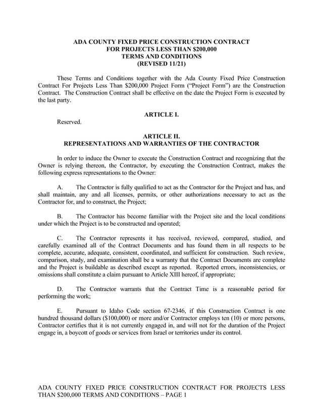 ADA COUNTY FIXED PRICE CONSTRUCTION CONTRACT FOR PROJECTS LESS THAN 200,000 TERMS AND CONDITIONS screenshot
