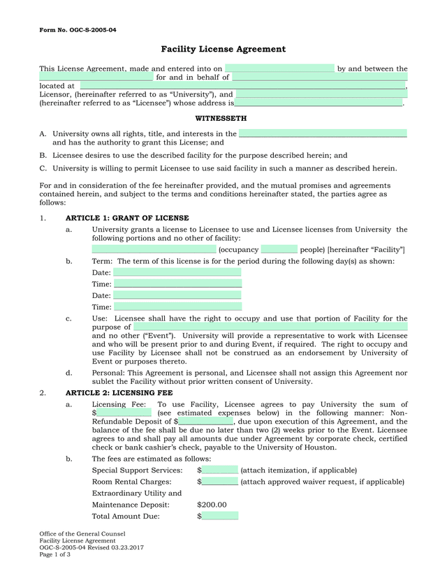 Facility License Agreement screenshot