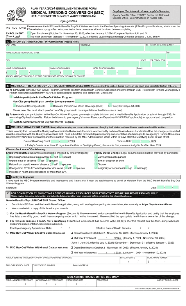 PLAN YEAR 2024 ENROLLMENTCHANGE FORM MEDICAL SPENDING CONVERSION (MSC) HEALTH BENEFITS BUY OUT WAIVE screenshot