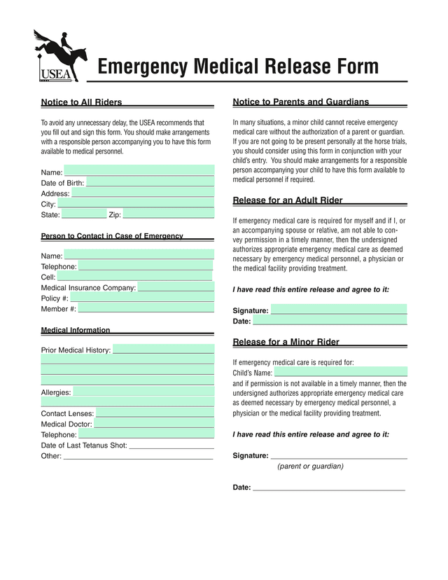 Emergency Medical Release Form screenshot