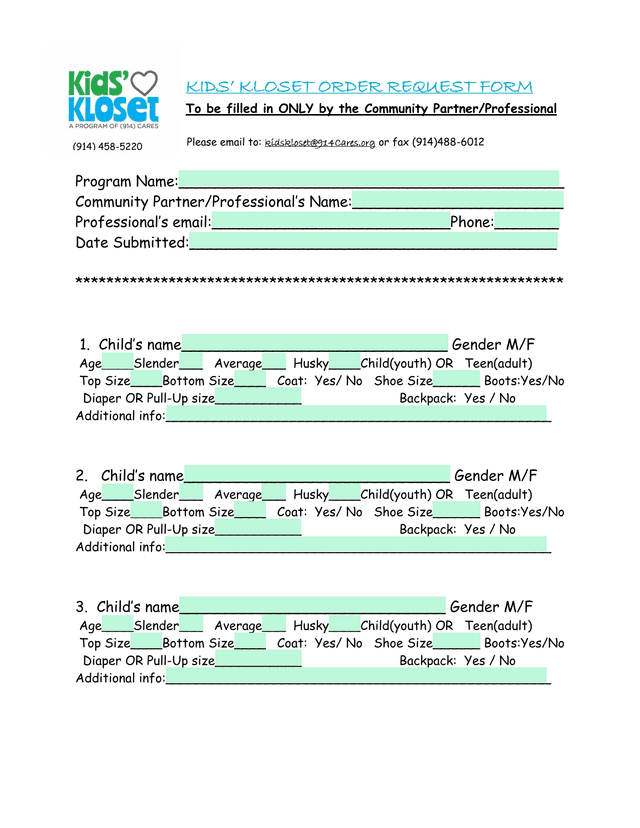 KIDS KLOSET ORDER REQUEST FORM screenshot