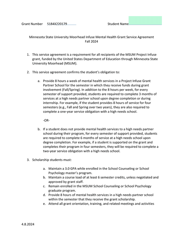 Minnesota State University Moorhead Infuse Mental Health Grant Service Agreement screenshot