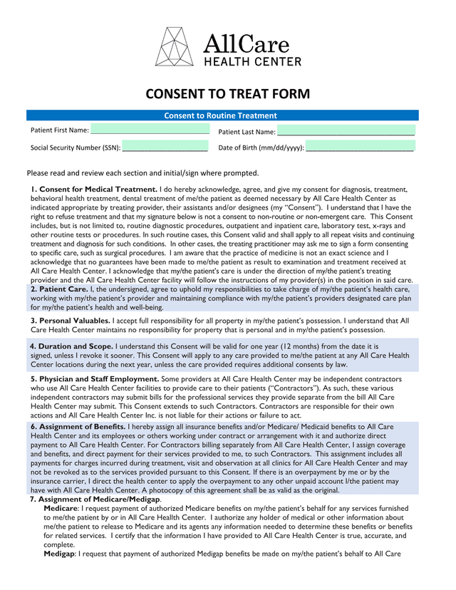 Consent To Treat Form screenshot