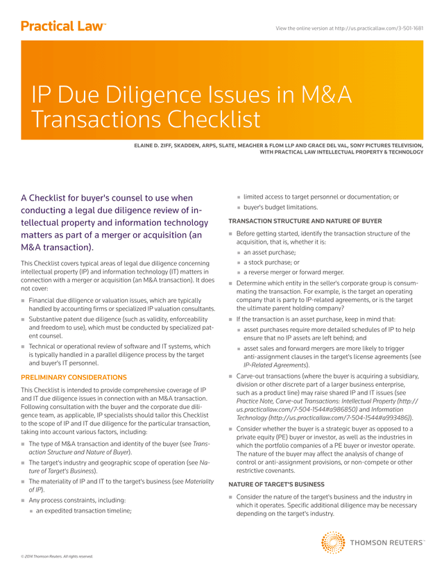 Intellectual Property And Information Technology Due Diligence Checklist For MA Transactions screenshot