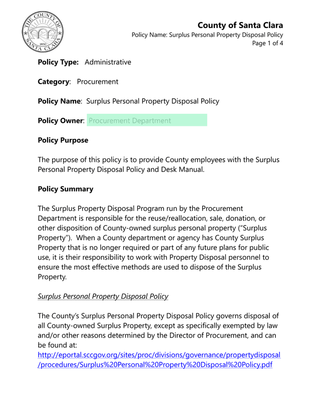 Surplus Personal Property Disposal Policy screenshot