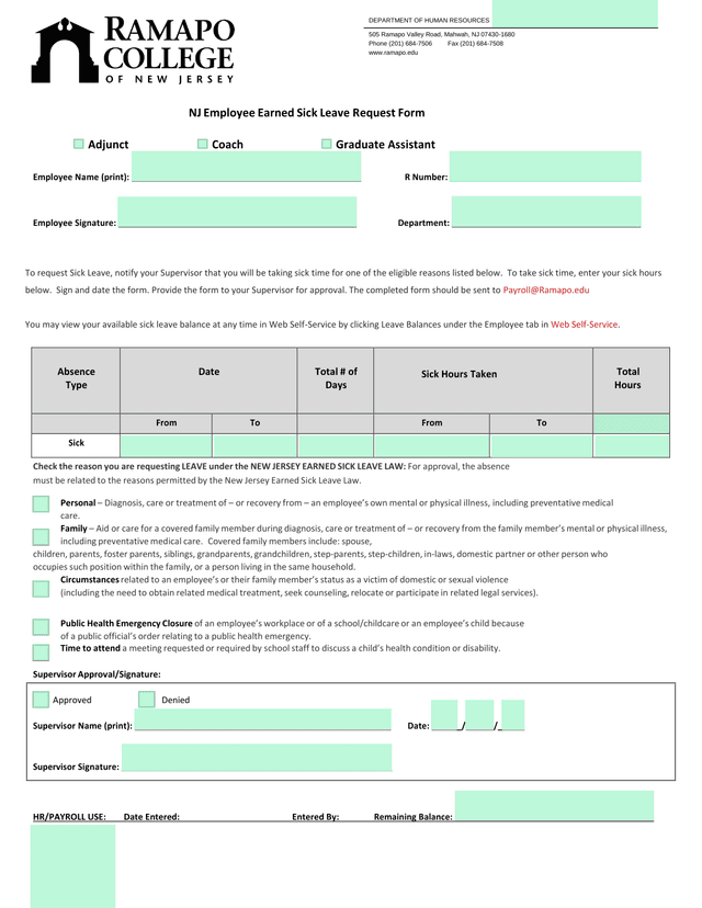 NJ Employee Earned Sick Leave Request Form screenshot