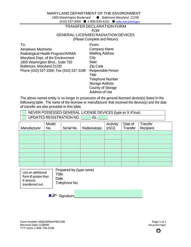TRANSFER DECLARATION FORM FOR GENERAL LICENSED RADIATION DEVICES screenshot