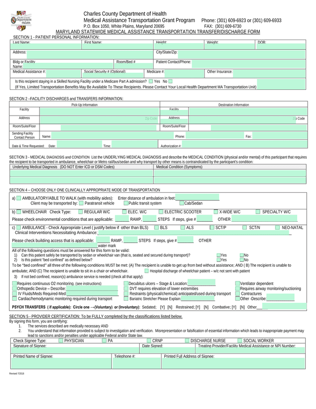 Maryland Statewide Medical Assistance Transportation TransferDischarge Form screenshot