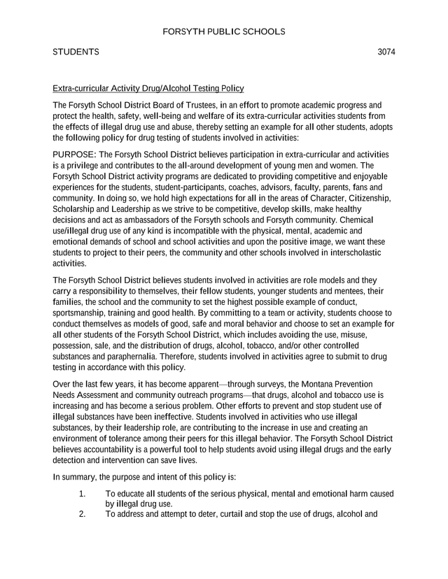 Extra Curricular Activity DrugAlcohol Testing Policy screenshot