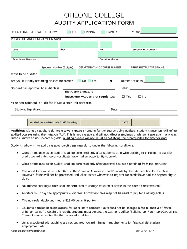OHLONE COLLEGE AUDIT APPLICATION FORM screenshot
