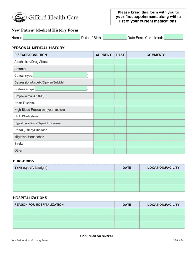 New Patient Medical History Form screenshot