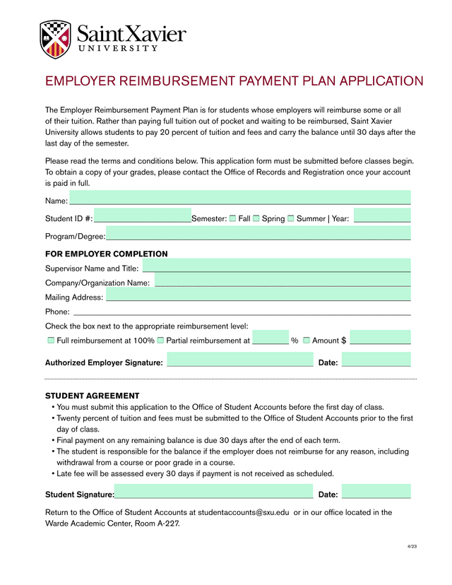 Employer Reimbursement Payment Plan Application screenshot