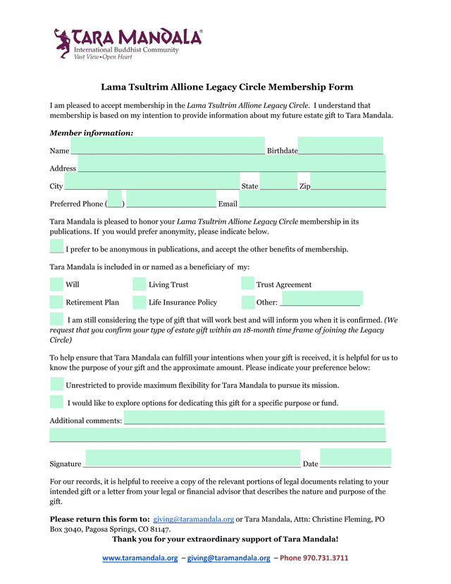 Lama Tsultrim Allione Legacy Circle Membership Form screenshot