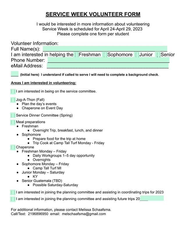 Service Week Volunteer Form screenshot