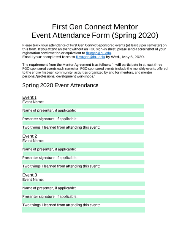 First Gen Connect Mentor Event Attendance Form (Spring 2020) screenshot