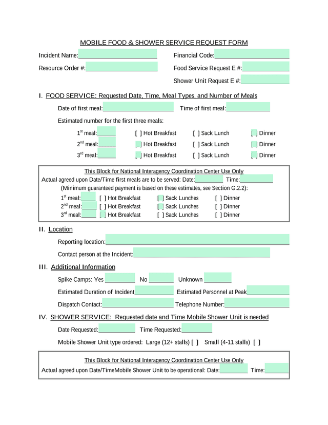 Mobile Food  Shower Service Request Form screenshot