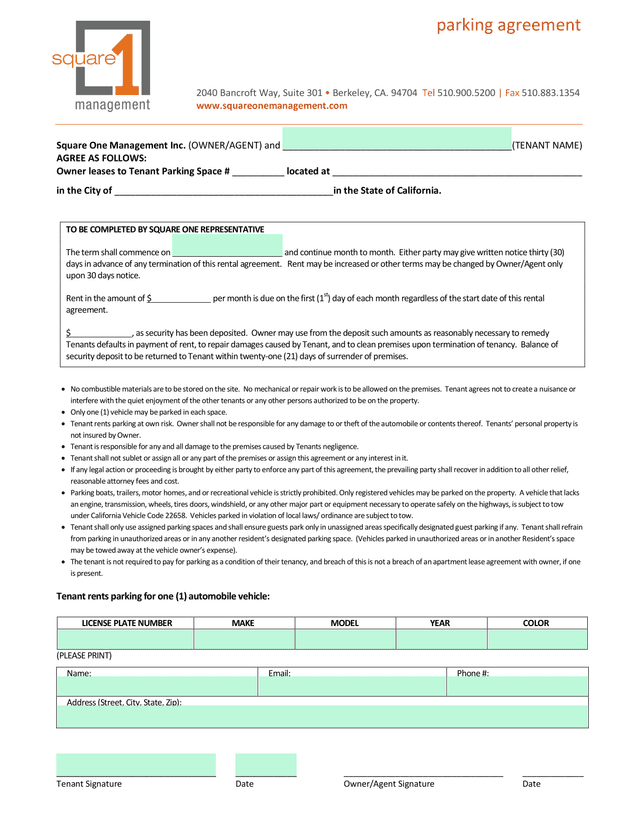 Parking Agreement screenshot