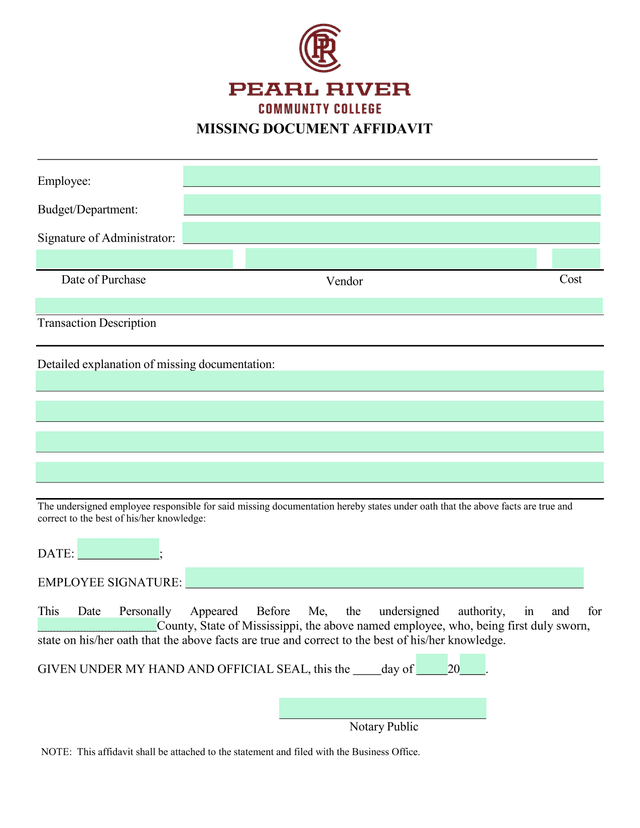 Missing Document Affidavit screenshot