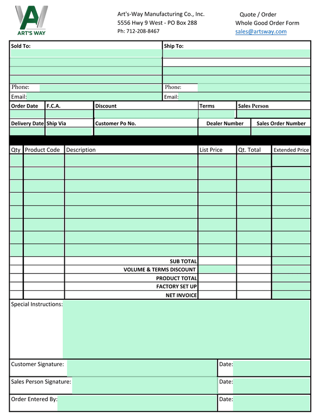 Whole Good Order Form screenshot