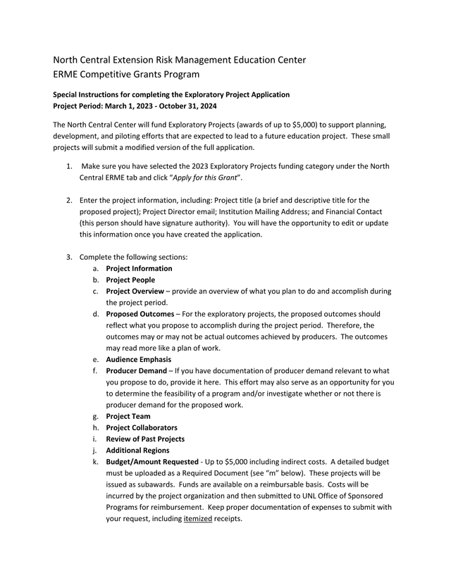 ERME Competitive Grants Program Exploratory Project Application screenshot