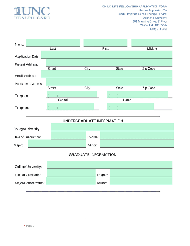 Child Life Fellowship Application Form screenshot