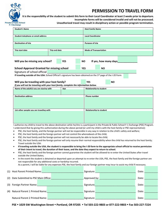 Permission To Travel Form screenshot