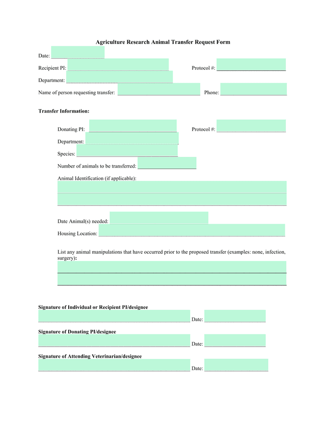 Agriculture Research Animal Transfer Request Form screenshot