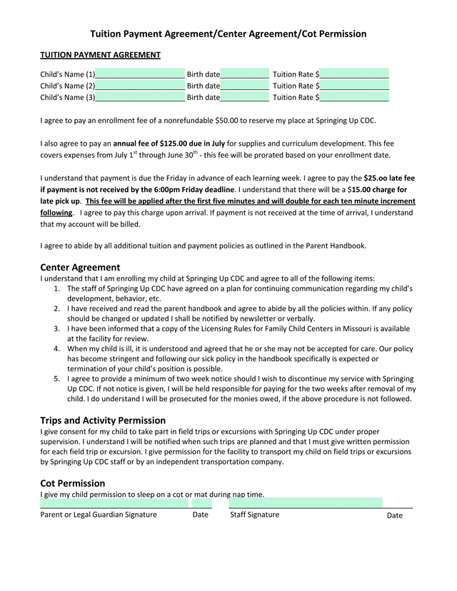 Tuition Payment AgreementCenter AgreementCot Permission screenshot