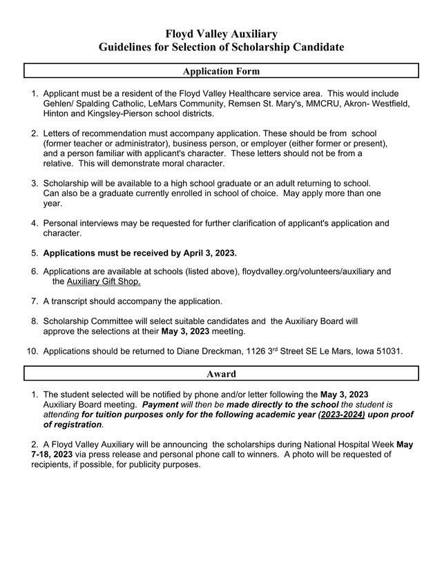 Floyd Valley Auxiliary Scholarship Guidelines And Application Form screenshot