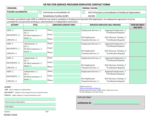 VR FEE FOR SERVICE PROVIDER EMPLOYEE CONTACT FORM screenshot