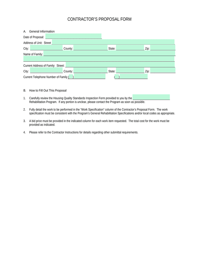 CONTRACTORS PROPOSAL FORM screenshot