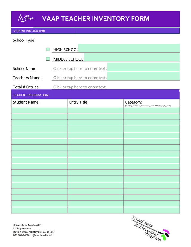 VAAP TEACHER INVENTORY FORM screenshot