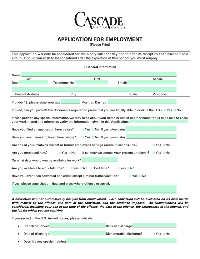 APPLICATION FOR EMPLOYMENT screenshot